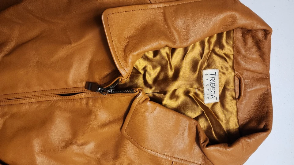 Chaqueta De Colección Tribeca Studio Damas Talla Grande Cuero Caramelo Cremallera Frontal Foto 3 de 4