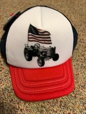 NEW FARMBOY KIDS TRACTOR AND US FLAG HAT - RED, WHITE BLUE, ADJUSTABLE BACK