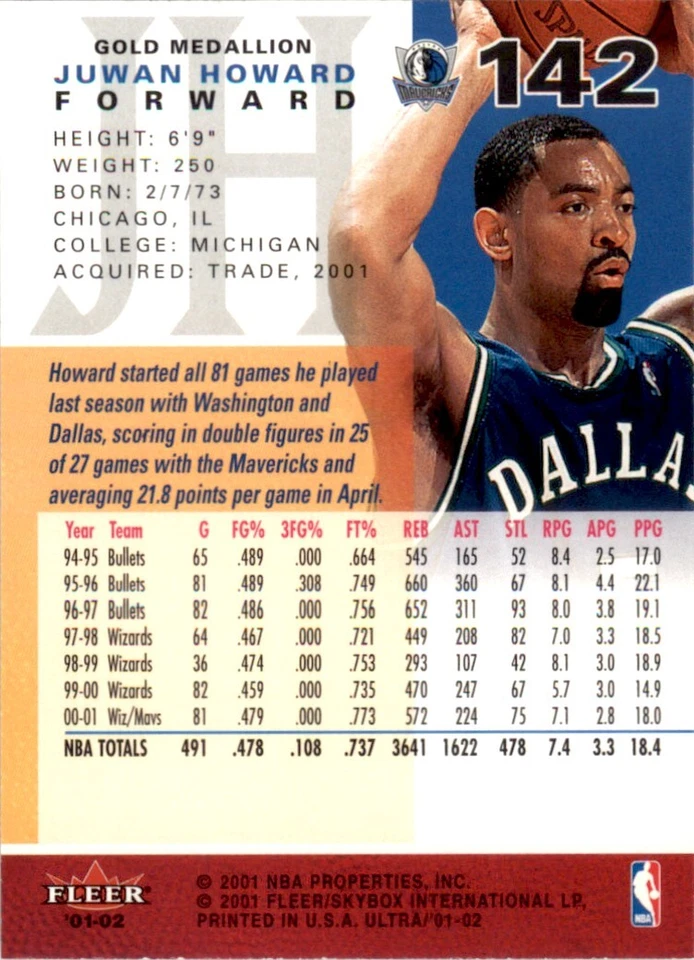 2001 Ultra Gold Medallion #142 Juwan Howard Dallas Mavericks - Image 2 of 2