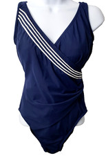 Vintage 80s Faux Wrap Swimsuit 14 One Piece V Neck Nautical Cruise Beach Sirena