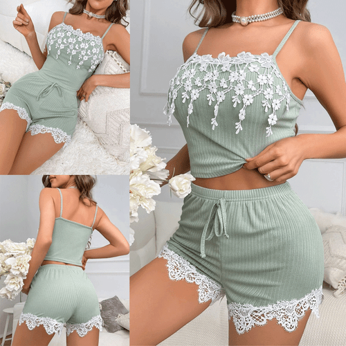 Women Sexy Pyjama Set Lace Tank Top Shorts Set Sleepwear Strap PJ Set Nightwear