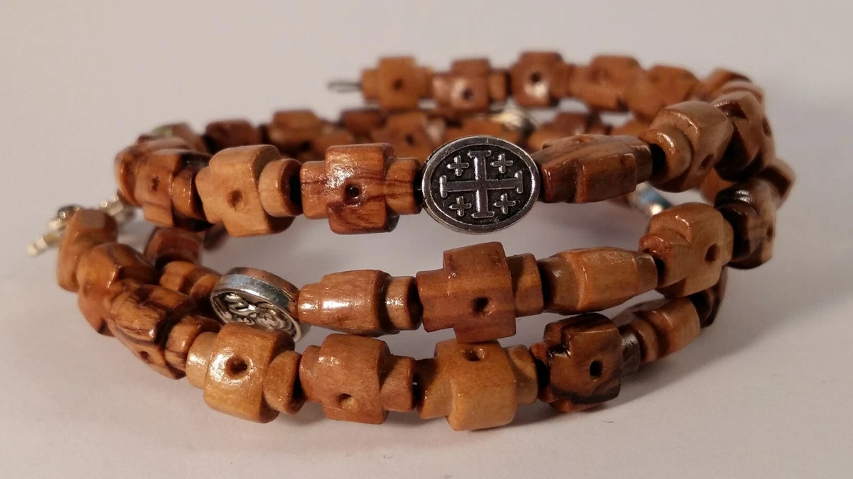 3 Olive Wood Rosary Bracelet Handmade Jerusalem Cross Beads From The Holy Land