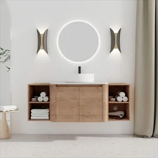 54'' Wall-Mounted Bathroom Vanity W/ Ceramic White Vessel Sink 2 Storage Shelves