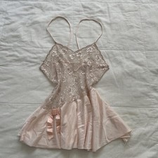 Vintage Baby Pink Lace Satin Slip Dress Ribbon Bow Lingerie Style