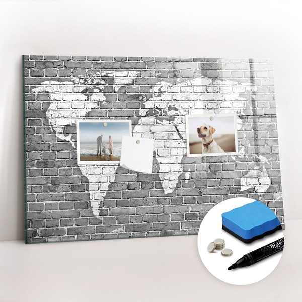 Magnetboard Glas Beschreibbar Mit Magneten Weltkarte Auf Ziegeln 60X40 Cm-image