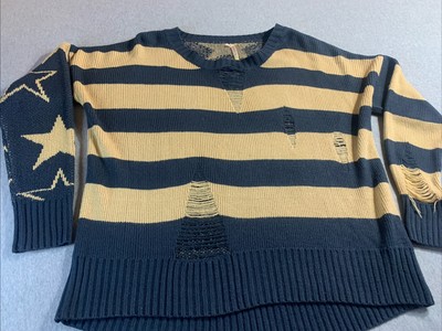 Llove Women's Gold Black Stars Distressed Cable Knit Sweater