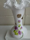 New ListingFenton White Vase with Clear Ruffle Rim and Hand Painted Purple Flowers