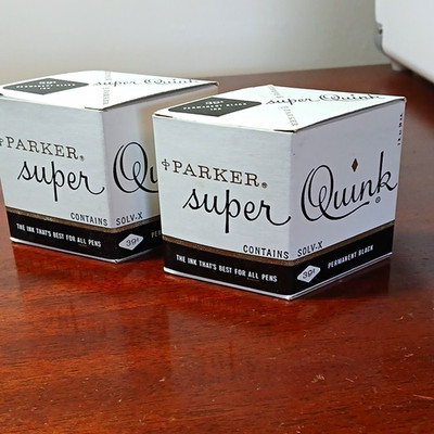 Two Full 2oz Each Parker Super Quink Permanent Black Ink Bottles with Boxes