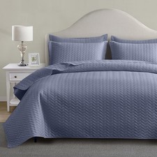 Quilt Set Queen Size, Mineral Blue Lightweight Bedspread Ultrasonic Chevron P...