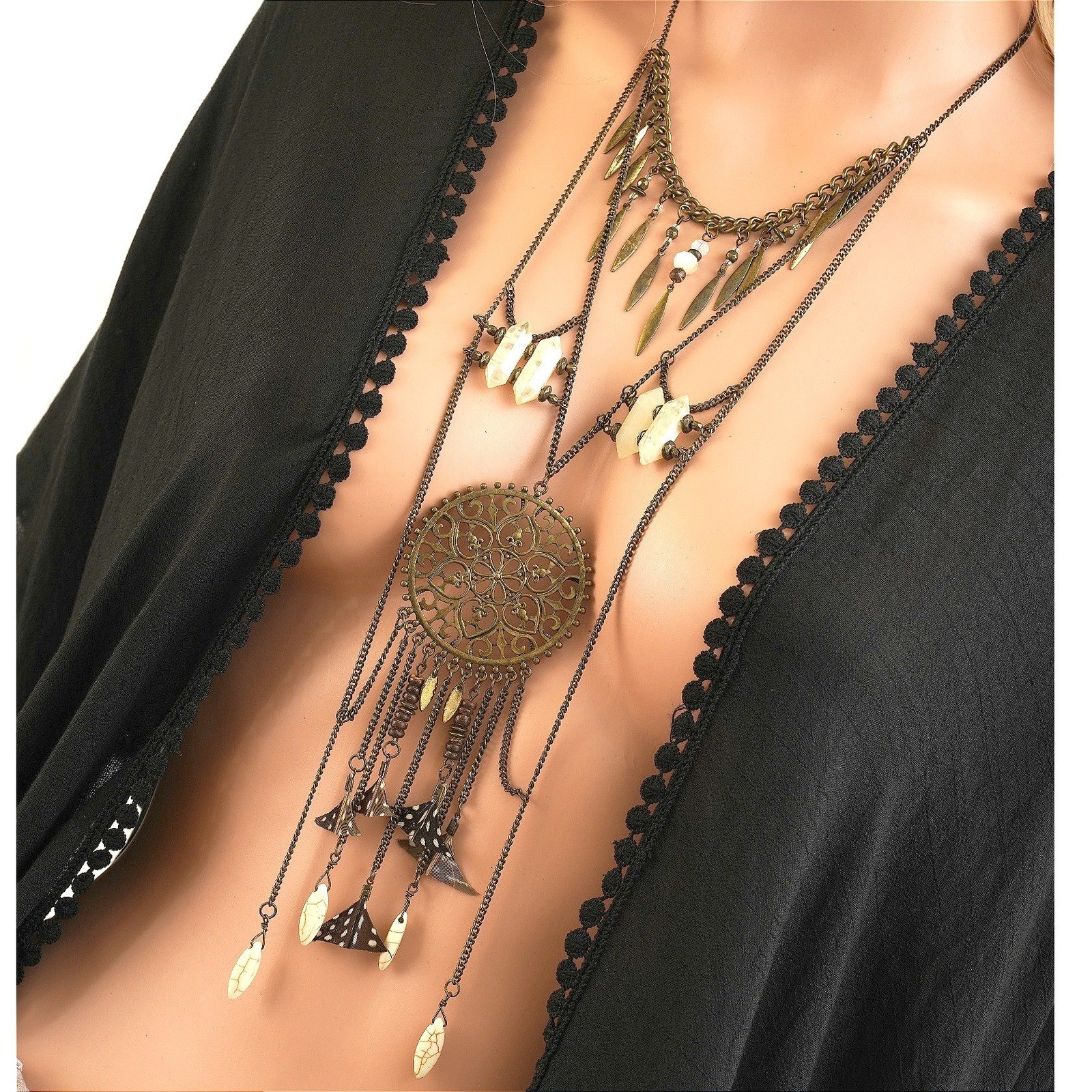 Boho Multi Layered Statement Necklace Bronze Fili… - image 3