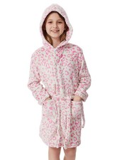 Girls Leopard Fleece Hooded Robe Soft Fuzzy Bathrobe Sleepwear for Kid 3-8Years