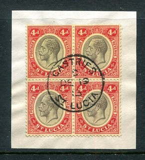 St. Lucia 1913 4d. black & red very fine used block of 4 on piece “CASTRIES" pmk