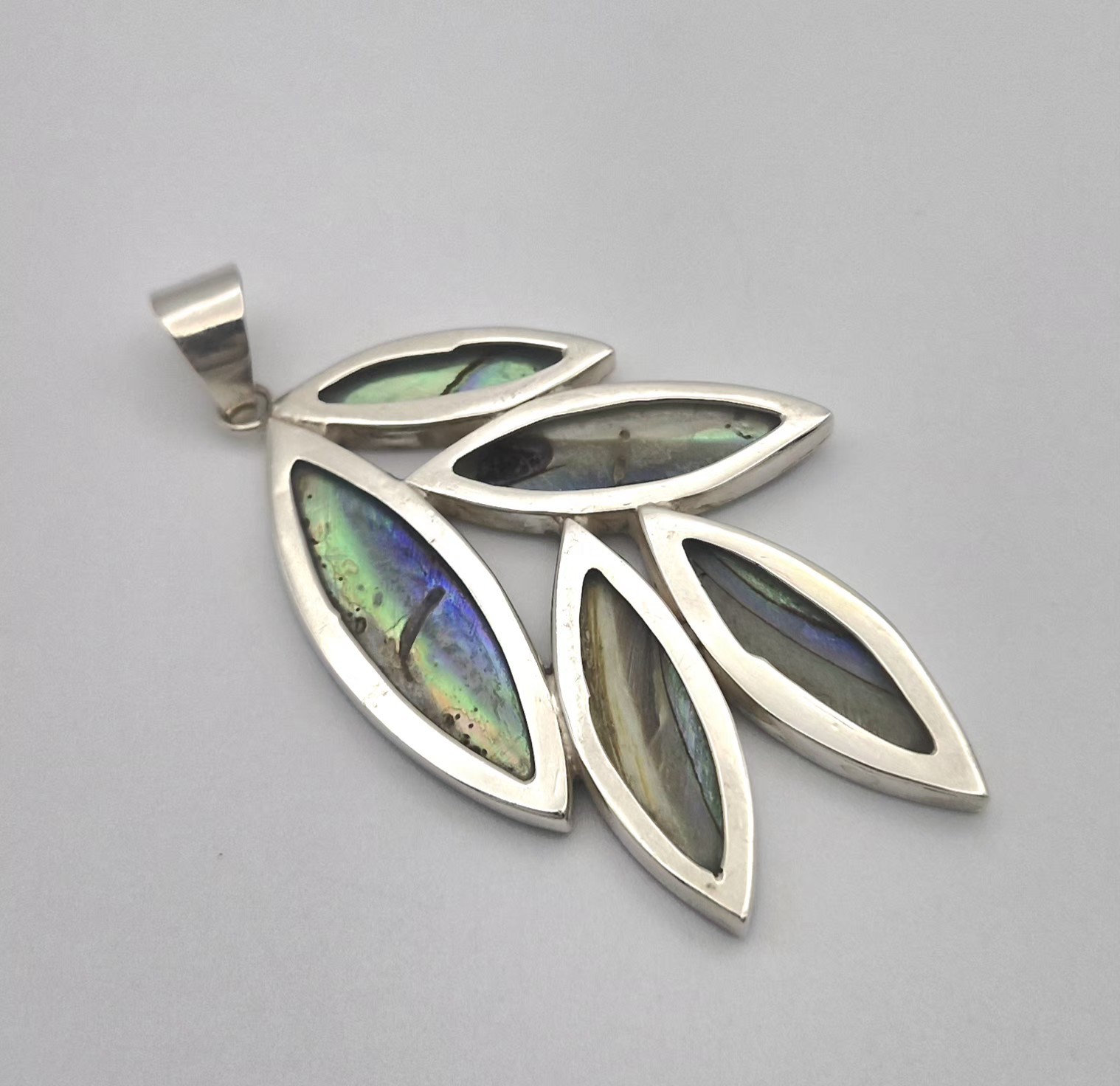 Vintage Solid Silver Abalone Paua Shell Leaf Pend… - image 6