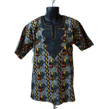 Men's African Wax Print Dashiki Small Gray Red Green Yellow Front Applique