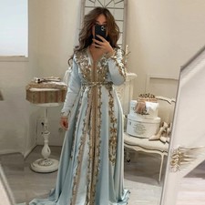 Caftan Muslim Evening Dresses A-line Long Sleeves Chiffon Applique Dubai Arabic