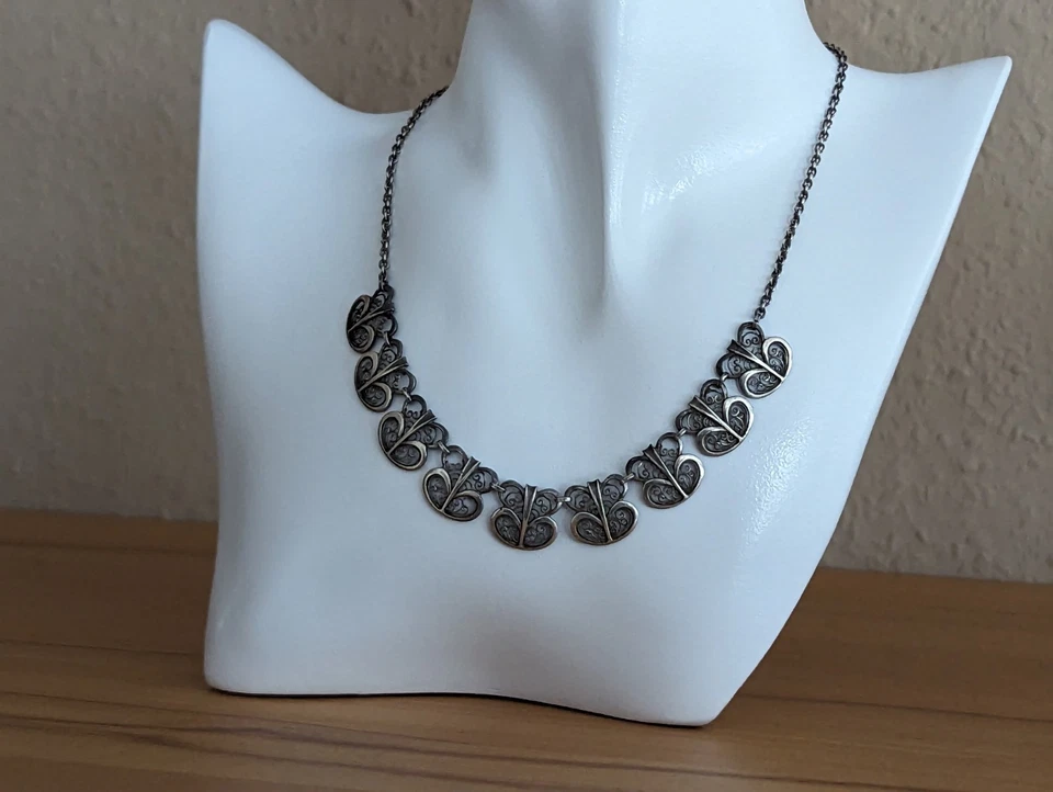 Vintage 835 Silber Collier Halskette Filigran Floral Schmuck Damen - Bild 2 von 2