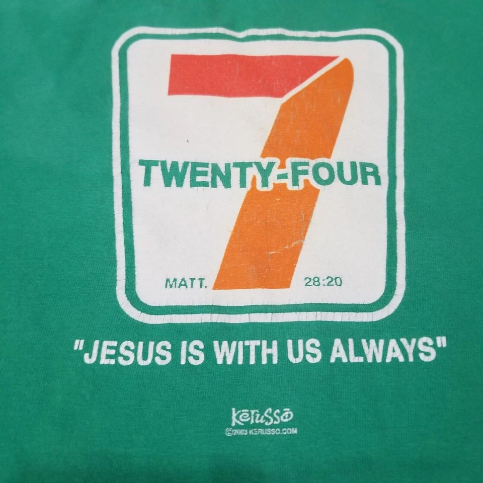 Vintage y2k Kerusso Green 24/7 Jesus Religious T-Shirt men L 2003 Matt 28:20 - Image 4 of 4