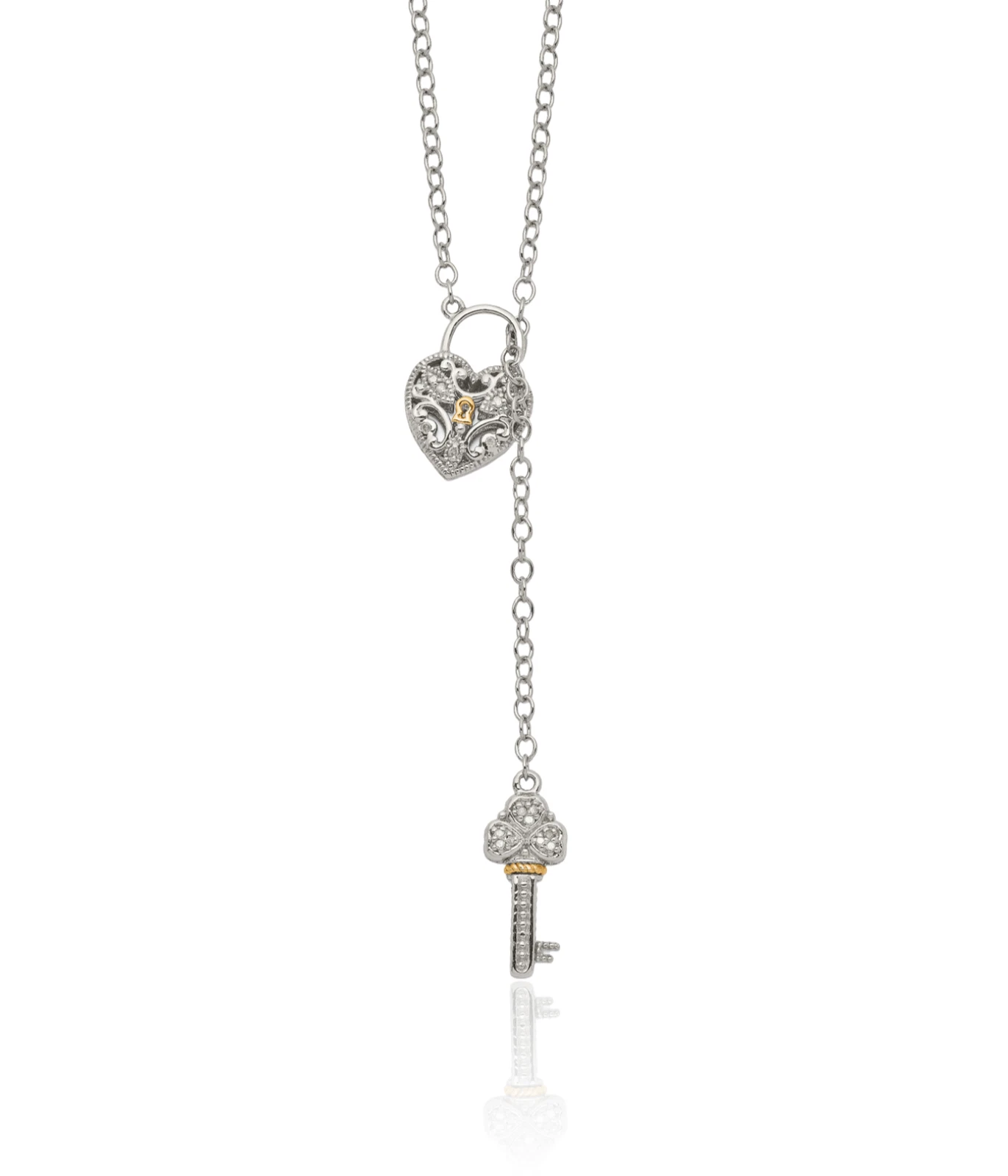 925 Sterling Silver Filigree 0.08 ct Diamond Small Heart Lock Key Pendant