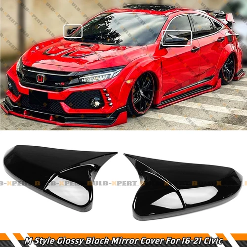 FOR 16-21 HONDA CIVIC 10TH M STYLE GLOSS BLACK SIDE MIRROR COVER ADD ON OVERLAY