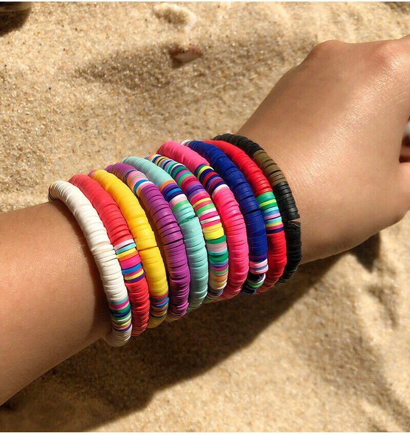 Boho Polymer Clay Disc Bead Stretch Bracelet Multicolor Beads
