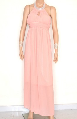 VESTITO ROSA CIPRIA donna ABITO LUNGO strass seta elegante cerimonia dress  E130 | eBay