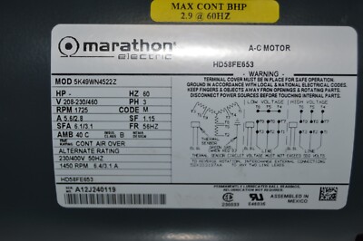 MARATHON ELECTRIC HD58FE653 5K49WN4522Z 208-230/460V 3PH 1.5