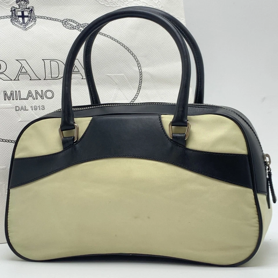 PRADA Tessuto Nylon Tote Hand Bag Mini Bowling Boston Leather Cream Ivory Black - Image 3 of 4