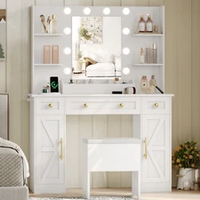 Makeup Vanity with Mirror and 10 LED Lights, Dressing Table with Cushioned Stool