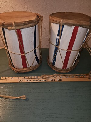 Vintage Pair Of HandMade Tribal Drums-Red, White, Blue