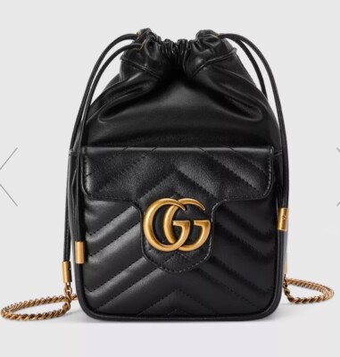 Brand NEW GUCCI GG Marmont Black Quilted Soft Leather Bucket Crossbody Bag  
