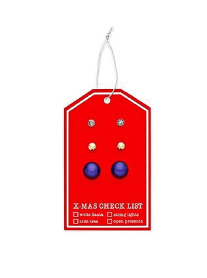 Набор из 3 пар сережек стоимостью 25 долларов США с фиолетовым стразом на золотой пластине для Рождественской открытки 2190₽