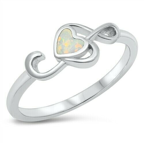 Sterling Silver 925 Treble Clef Heart Ring with White Opal Face, 7.5 mm Height, Size 10