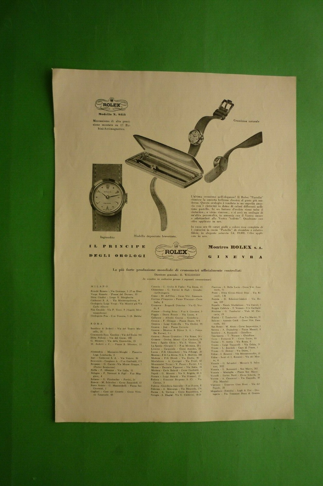 ROLEX OROLOGIO PASTELLO modello 8413 RUBINI 1954 Pubblicità 1 pagina