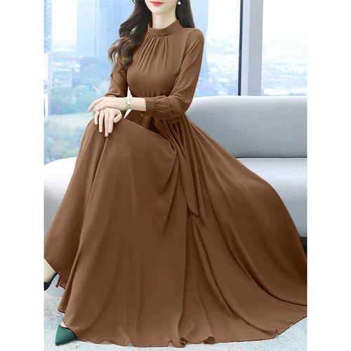 Damen Langarm O-Ausschnitt Swing Kleid Abend Ballkleid Mode Langes Maxikleid - Bild 19 von 19