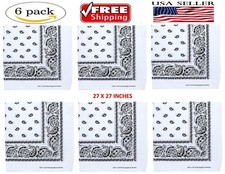 6-PACK WHITE Paisley Bandanas Six Big Large 27" x 27" Cotton Biker Headwraps