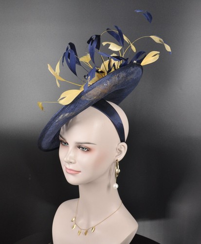 Navy Blue W Gold Feather Flowers Fascinator Hat Kentucky Derby Hat - Picture 3 of 4