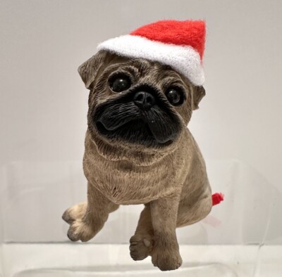Sandicast Christmas Ornament Fawn Pug Puppy Dog Santa Hat In Original Box Plaid