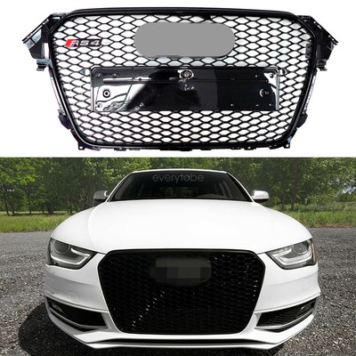 RS4 Style Sport Gloss Black Mesh Front Grille For 13-16 Audi A4 S4 B8.5