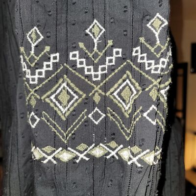 CUPIO Womens M Black Bohemian Aesthetic Lace-Style Top w/ Embroidered Sleeve 