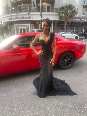 Custom Black Beaded Corset Mesh Rhinestone Gown