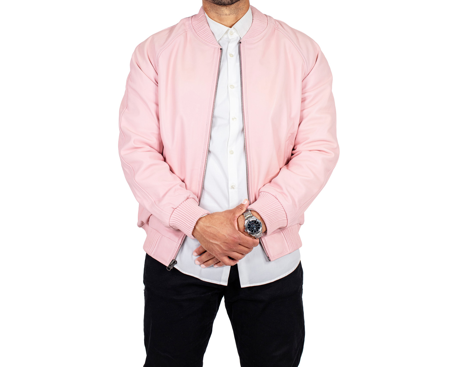 Men's Light/Baby Pink Leather Bomber Jacket 100% Real Soft Lambskin Biker Jacket