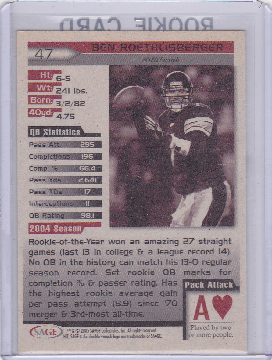 BEN ROETHLISBERGER ROOKIE CARD Pittsburgh Steelers Football RC