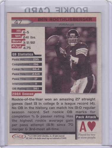 BEN ROETHLISBERGER ROOKIE CARD Pittsburgh Steelers Football RC Miami Ohio LE - Picture 2 of 2