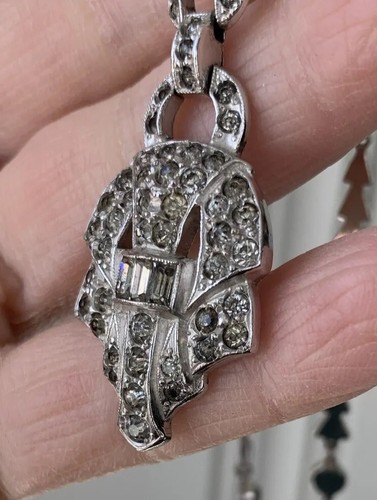 Antique Art Deco Pendant Necklace Rhodium Plate Paste Crystal Rhinestone Metal - Picture 9 of 12