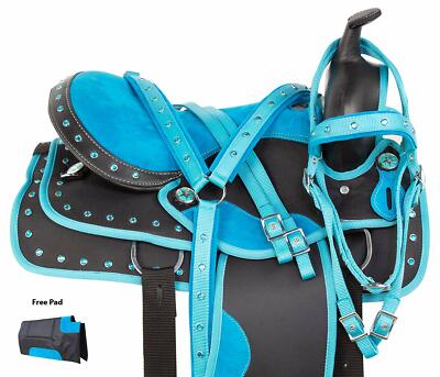 Blue Barrel Racing Western Synthetic Crystal Show Horse Saddle Tack Set 10'' -18''