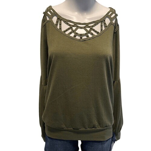 Venus Olive Green Top Beaded Cutout Neckline Balloon Sleeves Casual Boho M