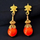 Miriam Haskell Earrings Signed Clip On Turtle Drop Coral Bead Gold Tone