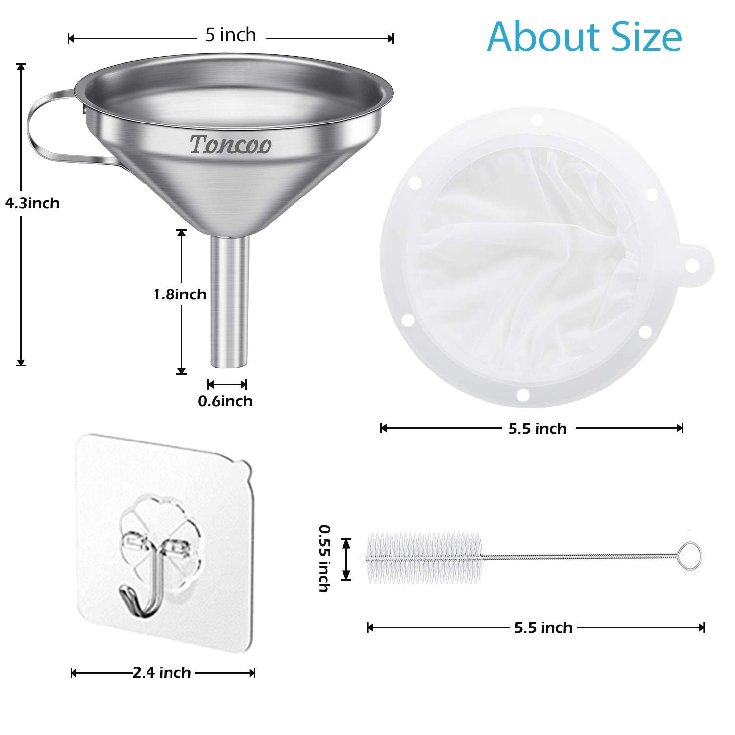 5-Inch Stainless Steel Funnel with 200 Mesh Strainer for Bottles