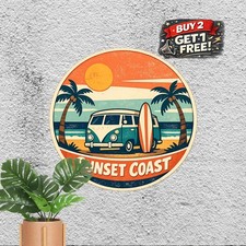 Sunset Beach Palm Tree Sign Metal Tin Sign Coastal Ocean Decor Plaque 8x8