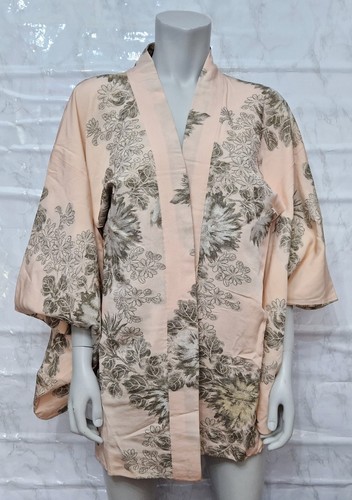 Vintage Japanese Haori Kimono Pink Peach Floral Brocade Silk Blend One Size - Afbeelding 2 van 4